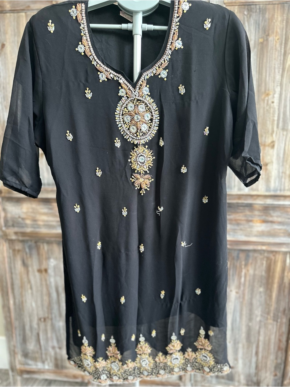 Black Embellished Women's Tunic with Decorative Neckline